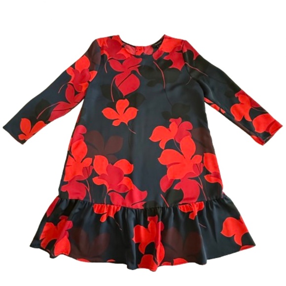 Halogen Women's L Petite Navy Red Floral Print Sleeved Round Neck Midi Dress - Picture 5 of 15